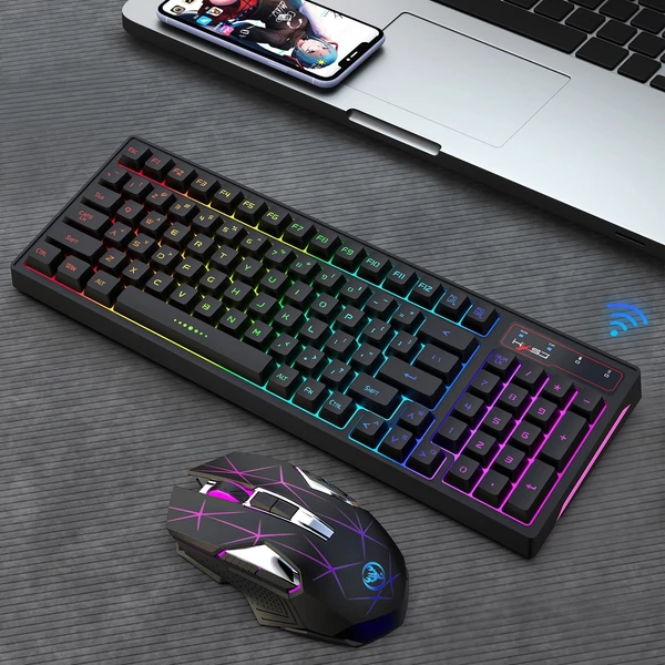 EU ECO Raktár - HXSJ L99 2.4G 96 Billentyűs Vezetéknélküli Gamer Billentyűzet és Egér Készlet RGB Háttérvilágítással - Fekete