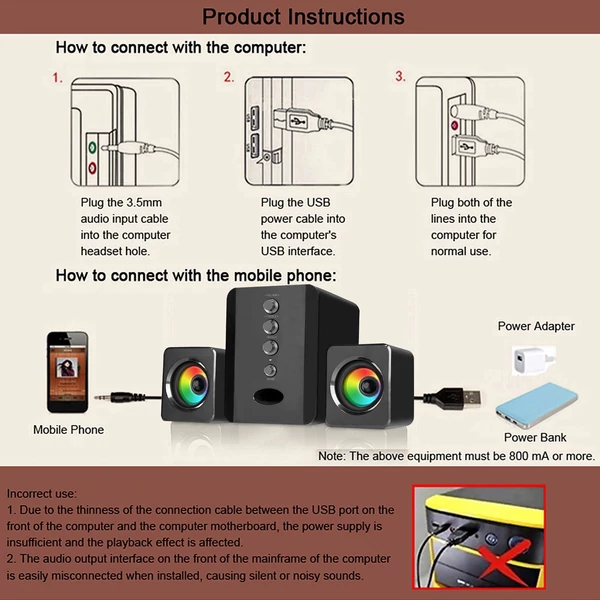 SADA D-202 USB Vezetékes Asztali Számítógép Hangszóró Mélynyomóval - Fekete