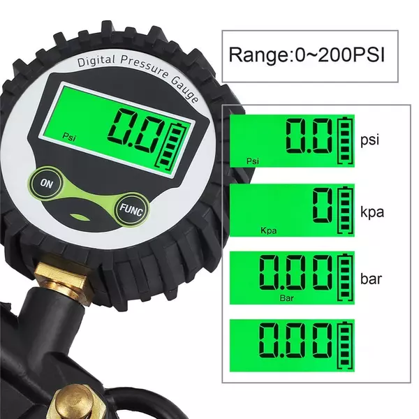 Digitális gumiabroncsnyomás-mérő 0-200 PSI Tartományban LCD Kijelzővel - Fekete