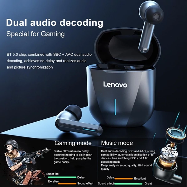 Lenovo XG01 Vezetéknélküli True Wireless Bluetooth Gaming Fülhallgató Töltő Tokkal - Fekete