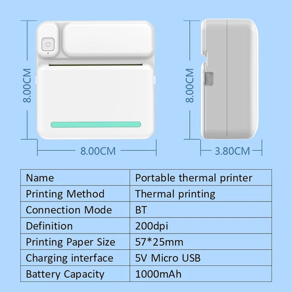 Hordozható zsebméretű Vezeték nélküli Bluetooth Hőpapír Nyomtató - Fehér