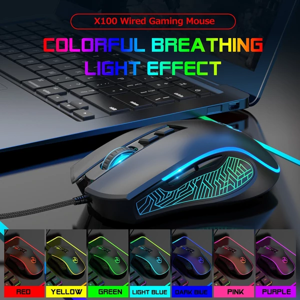 HXSJ X100 Vezetékes Gaming Ergonómikus Egér RGB Világítással Állítható DPI Sebességgel - Fekete