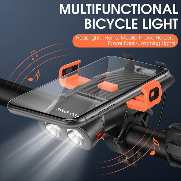 WEST BIKING 5-in-1 USB Újratölthető kerékpáros LED Lámpa Beépített mobiltelefon tartóval - Fekete