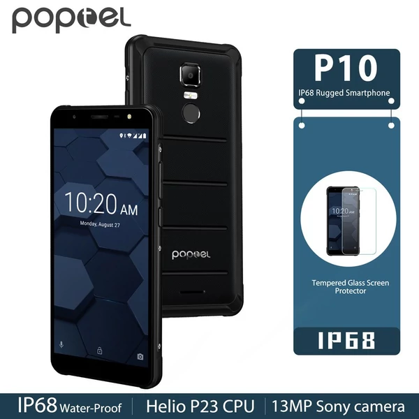 EU ECO Raktár - Poptel P10 4G Okostelefon 64GB RAM + 4GB ROM 13MP Kamera 5.5Inch HD Kijelzővel IP68 Vízálló Android 8.1 MT6763 Octa Core - Fekete