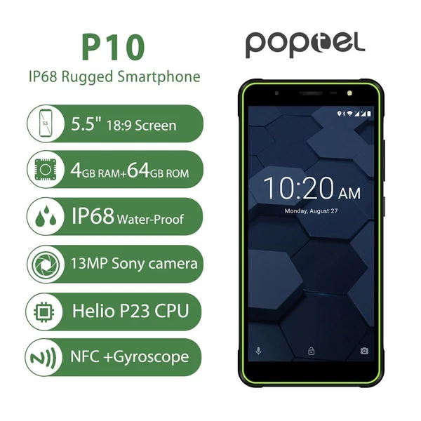 EU ECO Raktár - Poptel P10 4G Okostelefon 64GB RAM + 4GB ROM 13MP Kamera 5.5Inch HD Kijelzővel IP68 Vízálló Android 8.1 MT6763 Octa Core - Fekete