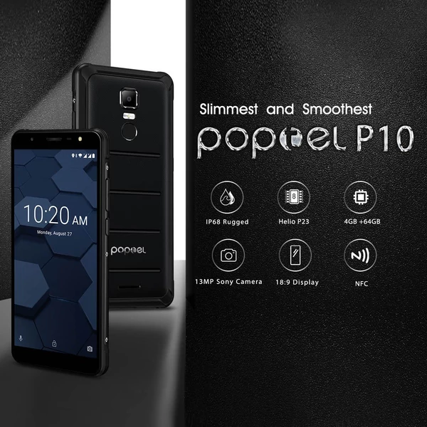 EU ECO Raktár - Poptel P10 4G Okostelefon 64GB RAM + 4GB ROM 13MP Kamera 5.5Inch HD Kijelzővel IP68 Vízálló Android 8.1 MT6763 Octa Core - Fekete