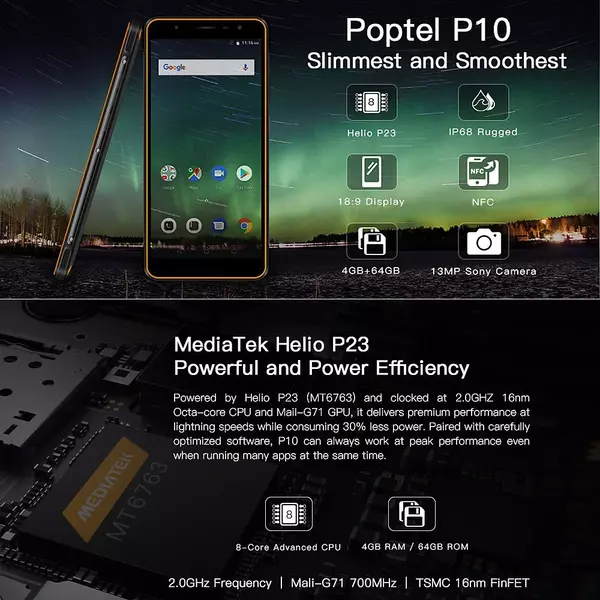 EU ECO Raktár - Poptel P10 4G Okostelefon 64GB RAM + 4GB ROM 13MP Kamera 5.5Inch HD Kijelzővel IP68 Vízálló Android 8.1 MT6763 Octa Core - Narancs