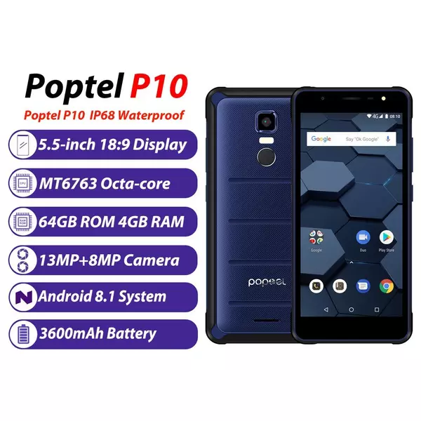 EU ECO Raktár - Poptel P10 4G Okostelefon 64GB RAM + 4GB ROM 13MP Kamera 5.5Inch HD Kijelzővel IP68 Vízálló Android 8.1 MT6763 Octa Core - Narancs