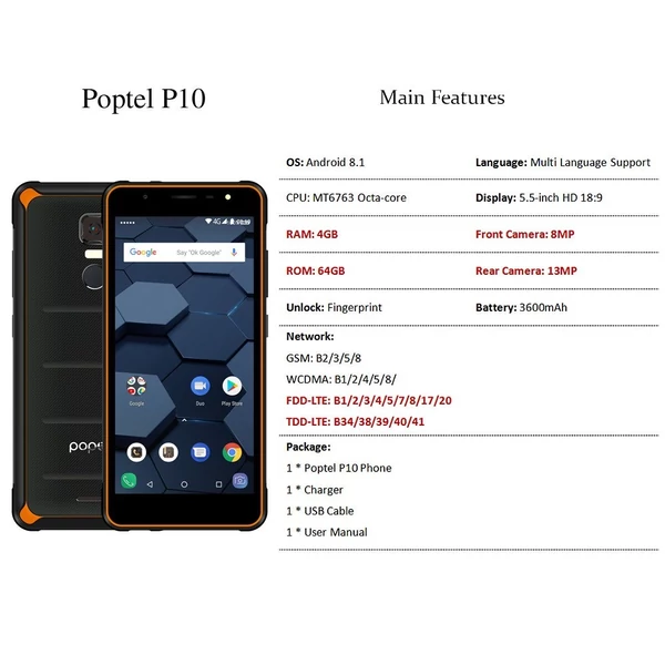 EU ECO Raktár - Poptel P10 4G Okostelefon 64GB RAM + 4GB ROM 13MP Kamera 5.5Inch HD Kijelzővel IP68 Vízálló Android 8.1 MT6763 Octa Core - Szürke