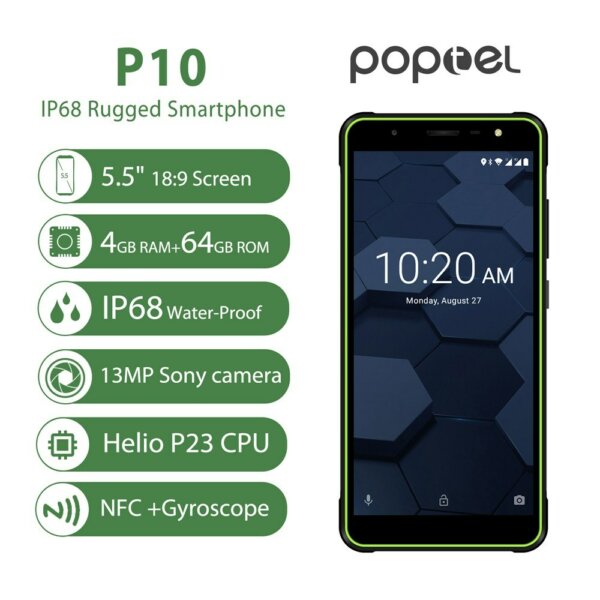 EU ECO Raktár - Poptel P10 4G Okostelefon 64GB RAM + 4GB ROM 13MP Kamera 5.5Inch HD Kijelzővel IP68 Vízálló Android 8.1 MT6763 Octa Core - Zöld