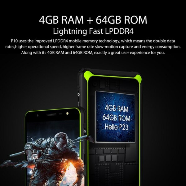 EU ECO Raktár - Poptel P10 4G Okostelefon 64GB RAM + 4GB ROM 13MP Kamera 5.5Inch HD Kijelzővel IP68 Vízálló Android 8.1 MT6763 Octa Core - Zöld