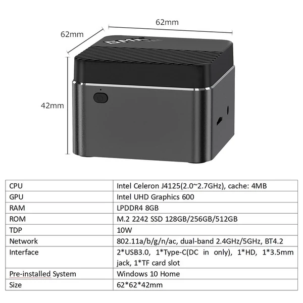 EU ECO Raktár - GMK NucBox KB1 Mini PC Intel Celeron J4125 Processor Intel UHD Graphics 600 GPU 8GB+128GB - Fekete