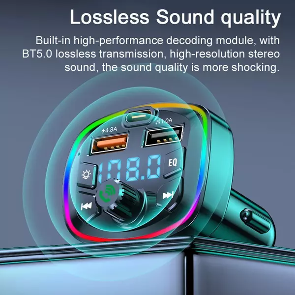 Vezetéknélküli Autós Bluetooth 5.0 FM Transzmitter USB Csatlakozóval - Fekete