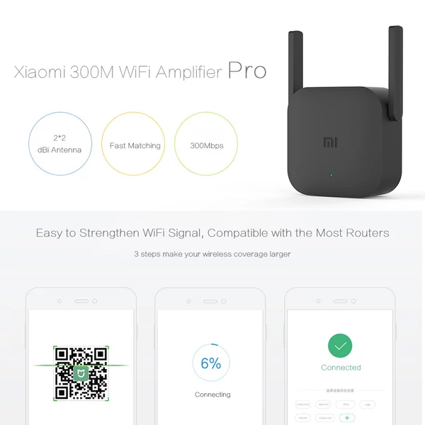 Xiaomi WiFi Amplifier Pro 300Mbps 2.4G Vezetéknélküli WiFi Jelerősítő - Fekete