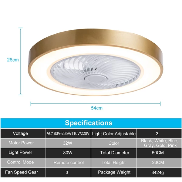 EU ECO Raktár - Lixada FS0030 Mennyezeti ventilátor Távirányítható LED Lámpával - Arany