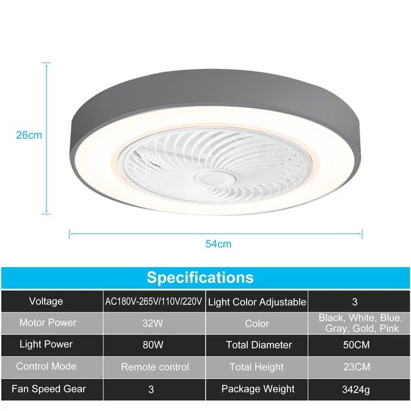 EU ECO Raktár - Lixada FS0030 Mennyezeti ventilátor Távirányítható LED Lámpával - Szürke