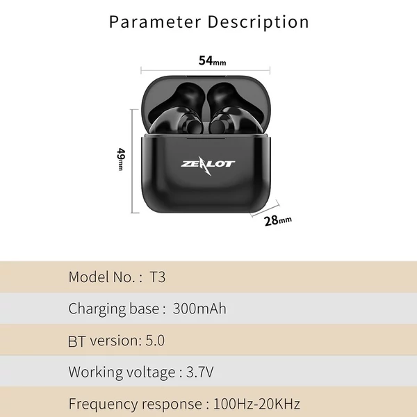 ZEALOT T3 True Wireless Vezetéknélküli Bluetooth Fülhallgató Töltő Tokkal - Fehér