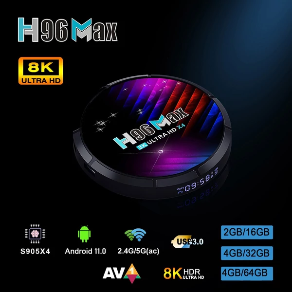 EU ECO Raktár - H96 Max X4 Android 11.0 Smart TV Box UHD 4K Media Player Amlogic 4GB RAM + 32GB ROM S905X4 2.4G/5G WiFi AV1 H.265 VP9 - Fekete