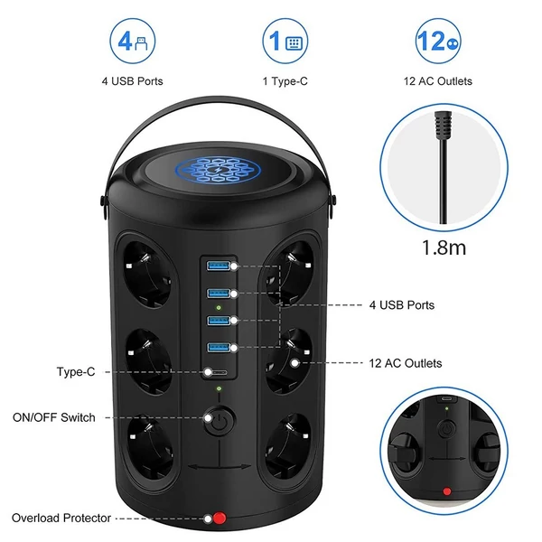 EU ECO Raktár - Multi Plug Konnektor + USB Elosztó Állomás 2500w AC110-250v10A 12 AC Outlets  4 USB Port - Fekete