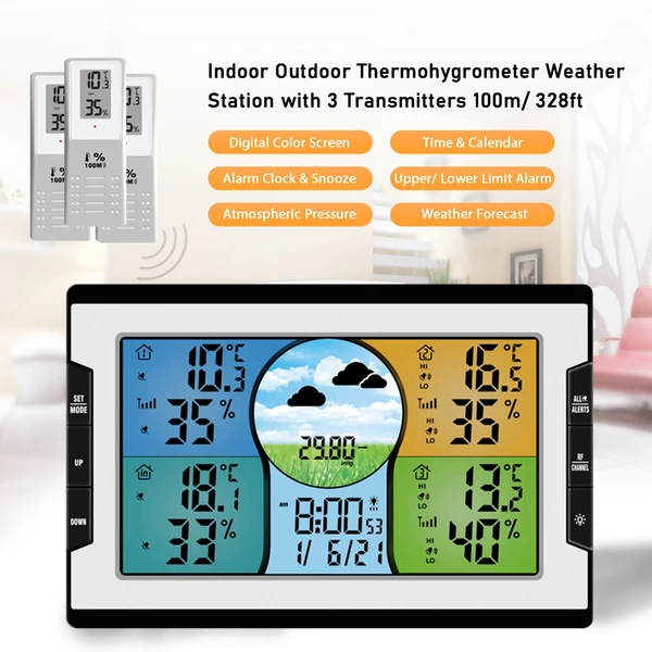 EU ECO Raktár - Digitális meteorológiai állomás 3 távérzékelővel 328 láb/ 100 m beltéri, kültéri hőmérséklet páratartalom figyelő - Fehér