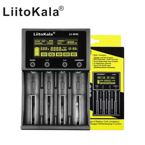 LiitoKala lii-M4S 4 Slots 18650 intelligens Akkumulátor Töltő LCD Kijelzővel - Fekete