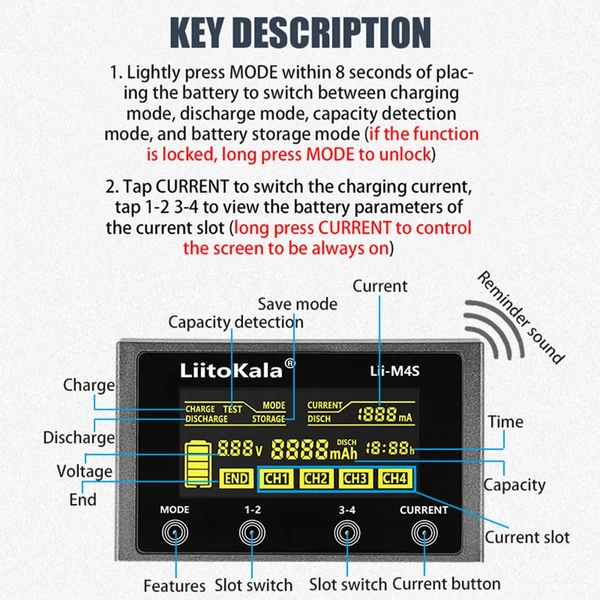 LiitoKala lii-M4S 4 Slots 18650 intelligens Akkumulátor Töltő LCD Kijelzővel - Fekete