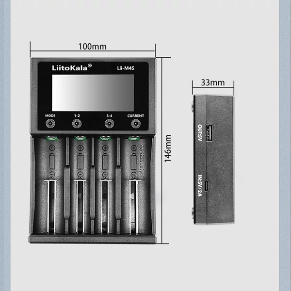 LiitoKala lii-M4S 4 Slots 18650 intelligens Akkumulátor Töltő LCD Kijelzővel - Fekete