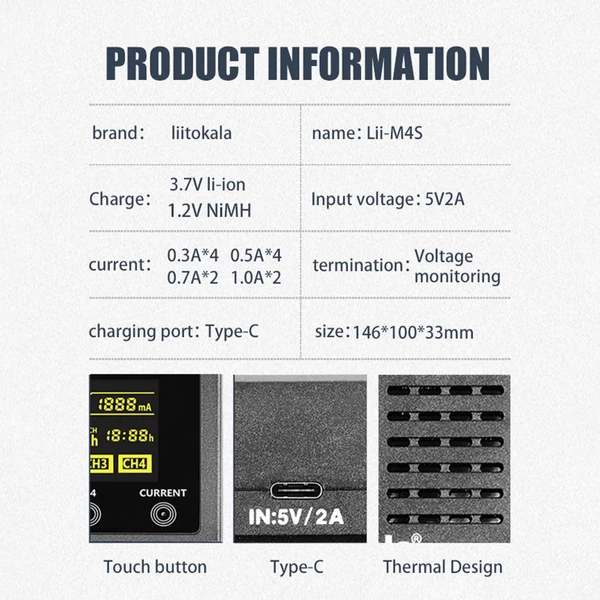 LiitoKala lii-M4S 4 Slots 18650 intelligens Akkumulátor Töltő LCD Kijelzővel - Fekete