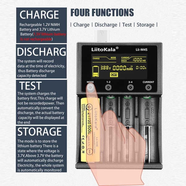 LiitoKala lii-M4S 4 Slots 18650 intelligens Akkumulátor Töltő LCD Kijelzővel - Fekete