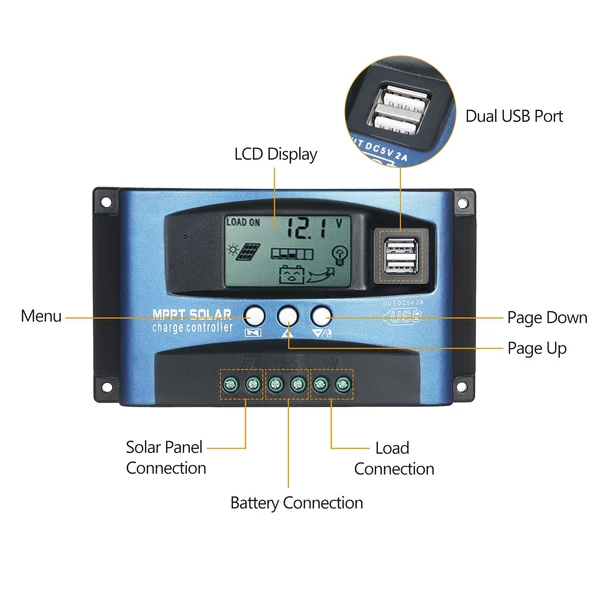 MPPT Napelemes töltés vezérlő Dual USB kimenet 12V - 100A