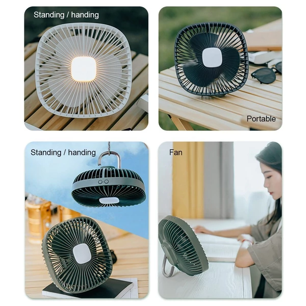 USB újratölthető kézi kemping akasztós ventilátor, 4 sebesség, LED fénnyel, 360 fokos forgatással - Kék