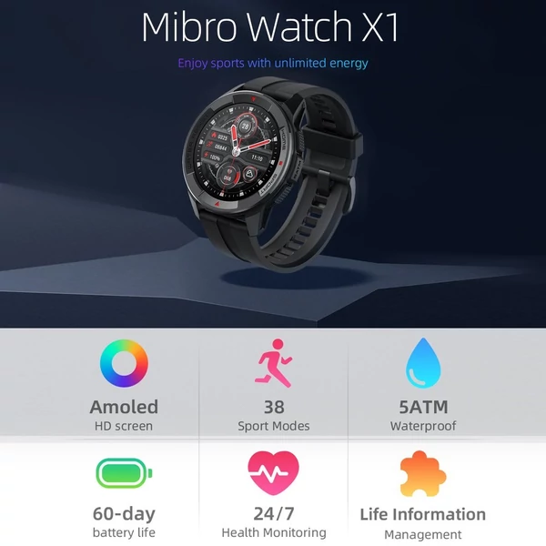 EU ECO Raktár -  Mibro Watch X1 1.3-Inch AMOLED Kijelzővel Rendelkező Vezetéknélküli Sporttevékenységmérő Bluetooth Okosóra - Fekete