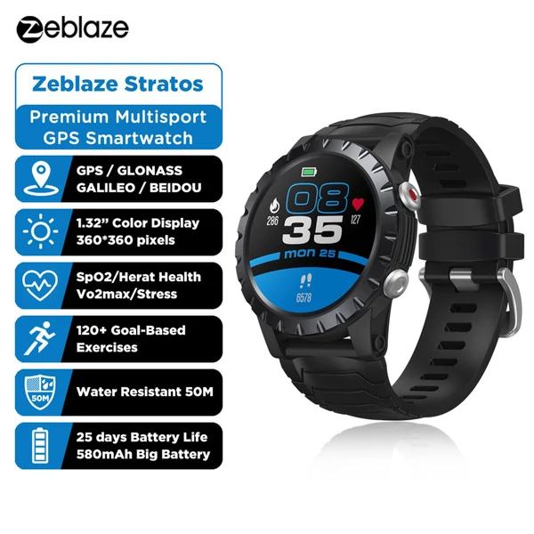 EU ECO Raktár - Zeblaze Stratos Premium Multi-sport GPS Vezetéknélküli 50M Vízálló Sporttevékenységmérő Okosóra - Fekete