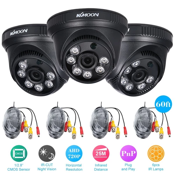 KKmoon 4*720P AHD Dome IR CCTV kamera + 4*60 láb megfigyelő kábel támogatás IR-CUT Night Vision 6db tömb infra lámpák 1/2.8'' CMOS