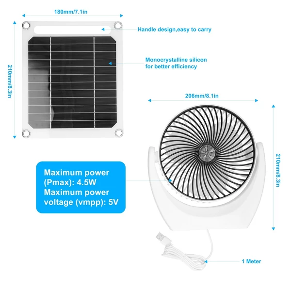 Hordozható 6W-os, többfunkciós, napelemes monokristályos ventilátorkészlet