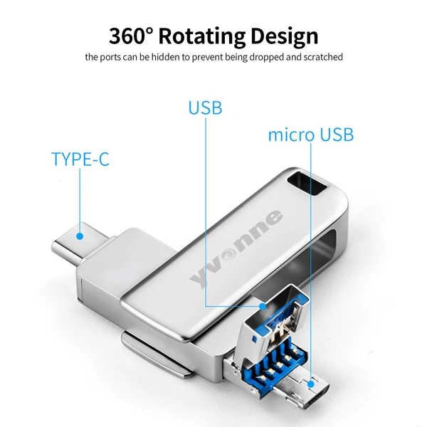 yvonne Y40D USB3.0 nagy sebességű forgó USB Type-C / Micro USB OTG flash meghajtó - Ezüst 128 GB