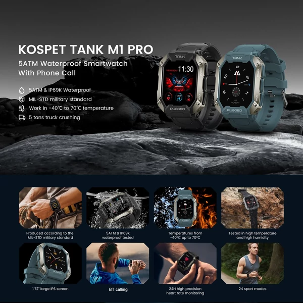 KOSPET TANK M1 PRO 1,72 hüvelykes teljes érintőképernyős strapabíró sport okosóra - Fekete