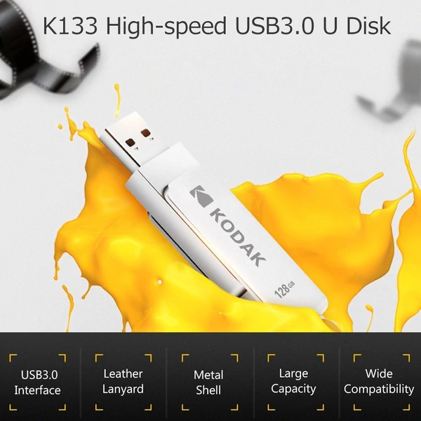 Kodak K133 USB 3.0 flash meghajtó fém U lemez bőr kulcstartóval - 128 GB