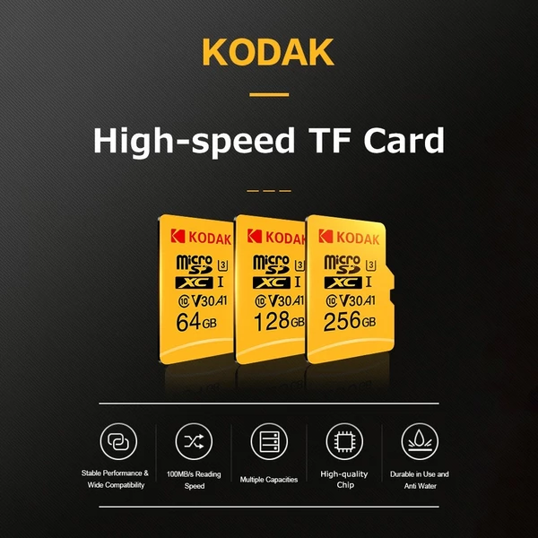 Kodak Micro U3 A1 V30 memóriakártya 100 MB/s olvasási sebesség 4K videofelvétel - 256 GB