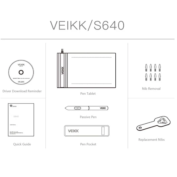 VEIKK S640 digitális grafikus rajztábla 8192 szint nyomású passzív tollal, 5080 LPI egyérintéses radírral