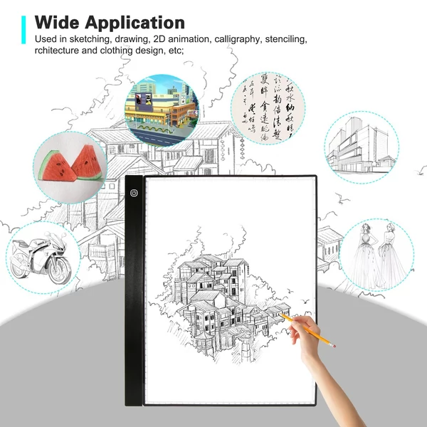A3-as LED-es 4 mm-es ultravékony grafikus rajztábla másolótábla, 3 szinten elsötétíthető, méretarányos klipekkel művészi animációk tervezése vázlatkészítés kalligráfia