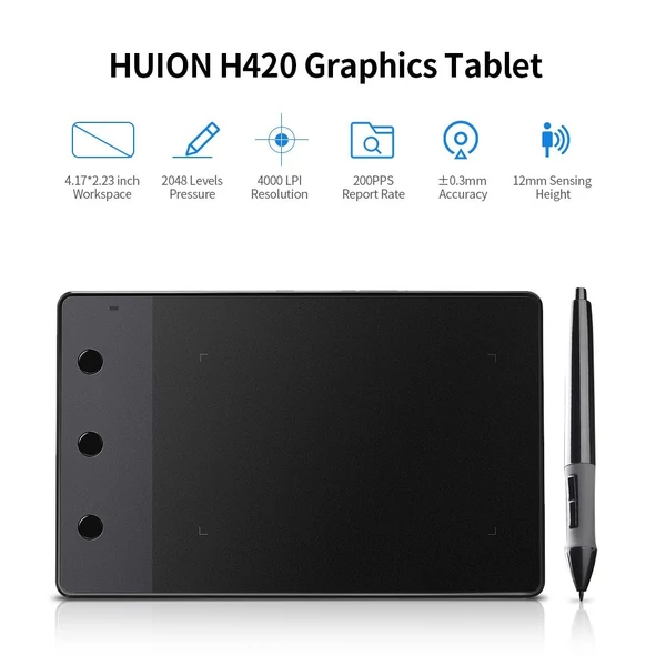 Huion H420 professzionális grafikus rajztábla 3 gyorsbillentyűvel, 2048 szint nyomásérzékenység 4000LPI tollfelbontás