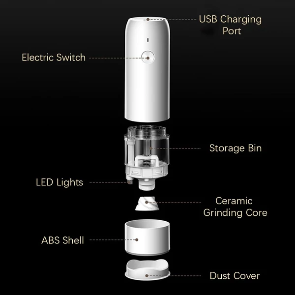Konyhai elektromos USB őrlőpalack 6 sebességes, állítható vastagságú tengeri sóval, szecsuáni borssal - Fehér