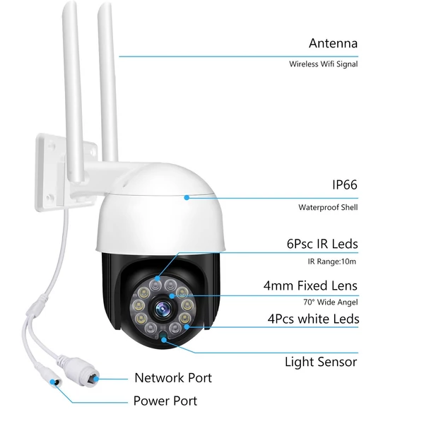 Biztonság kültéri 360°-os biztonsági kamerarendszer, 3 MP PTZ Dome megfigyelő WiFi színes éjszakai látás, mozgásérzékelés, kétirányú hang, IP66 időjárásálló