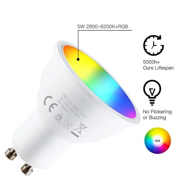 WiFi intelligens GU10 LED izzó 5W 90-265V 2800K-6200K+RGB APP távirányítóval tompítható, Alexa Google Home kompatibilis - 3 db