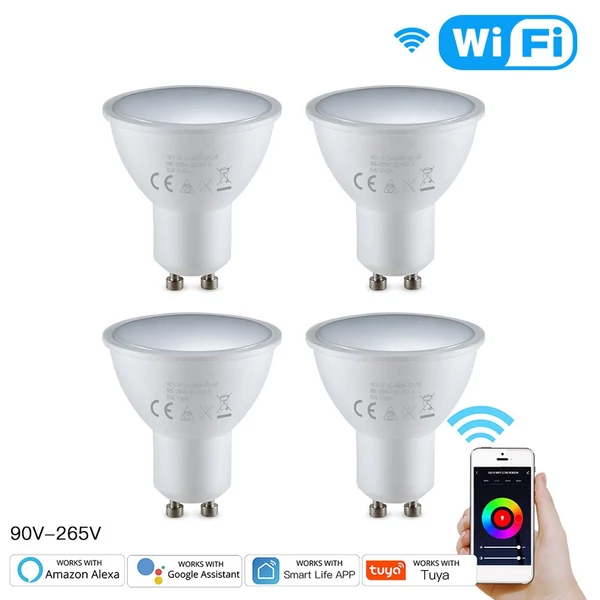 WiFi intelligens GU10 LED izzó 5W 90-265V 2800K-6200K+RGB APP távirányítóval tompítható, Alexa Google Home kompatibilis - 4 db