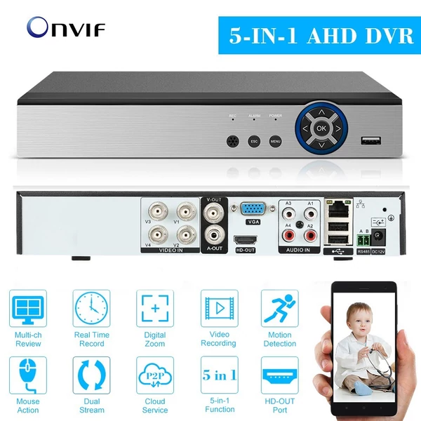 4CH 1080P Full HD hibrid AHD/ONVIF IP/analóg/TVI/CVI/ DVR CCTV digitális videórögzítő DVR P2P távoli telefonfigyelő otthoni irodai biztonsági megfigyelőrendszer készlet kamera (NO HDD)