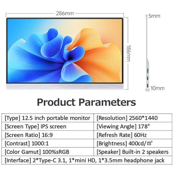 12,5 hüvelykes hordozható monitor IPS képernyő 2560*1440 felbontás 178°-os látószög - Ezüst