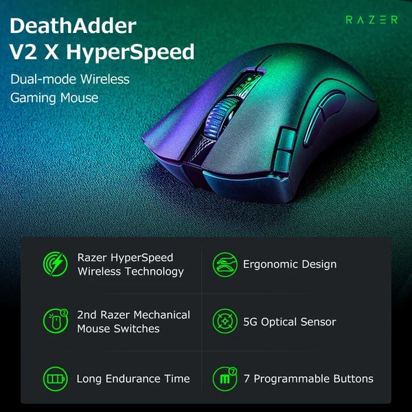 Razer DeathAdder V2 X HyperSpeed kétmódú vezetéknélküli játék egér 5G optikai érzékelő 14000DPI 7 programozható gomb