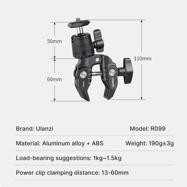 Ulanzi R099 Super Clamp rögzítő 360°-ban forgatható mini golyós fejjel 1/4 hüvelykes csavaros alumínium ötvözet 1,5 kg teherbírás